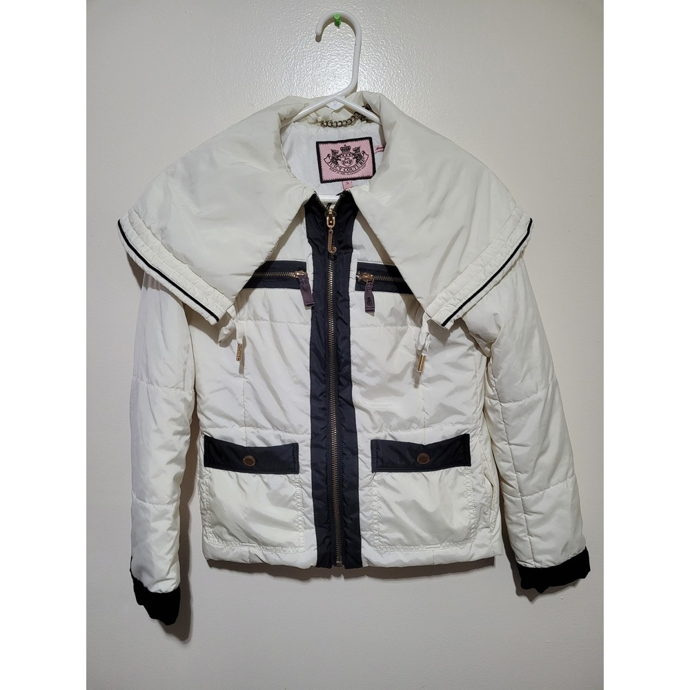 Juicy Couture Puffer Jacket Womens S White Oversized Collar Y2K Quilted